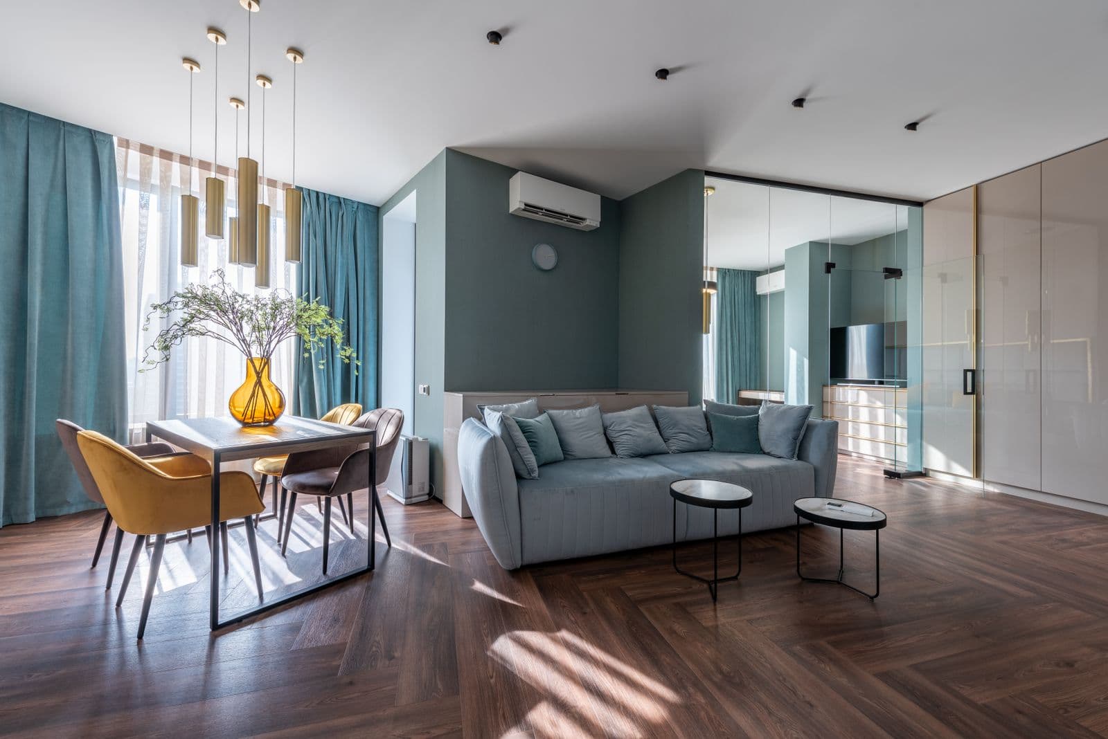 A sculptural blue living room